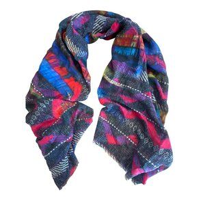 Banaris Abstract Colorful Merino Wool Silk Scarf Wrap 76"x28" Artsy **FLAWS**
